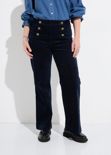 Pantalon à pont en velours coupe flare Marine