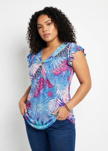 T-shirt long évasé col V drapé Bleu/Fuchsia