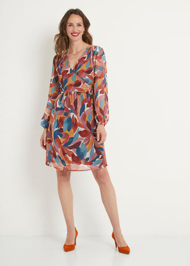 Robe courte voile imprimé effet cache-coeur Orange/Bleu