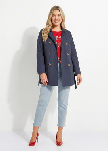 Trench court double boutonnage uni col pointu Bleu Marine