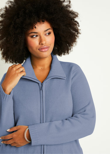 Gilet zippé long uni col montant Ciel
