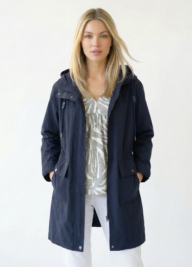 Parka zippée pressionnée à capuche déperlante Marine