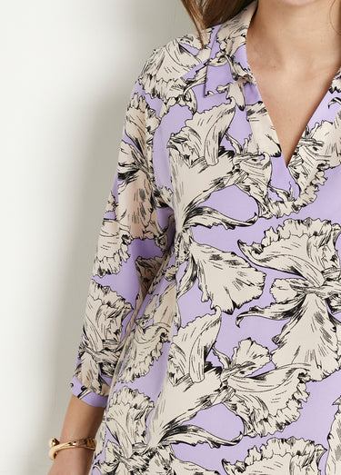 Tunique longue col chemise motif graphique Violet/ Blanc