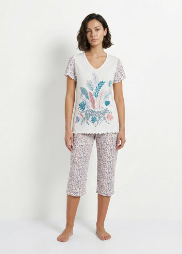 Pyjama court coton col V manches courtes Ecru