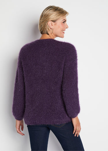 Pull doux colorblock maille poilue Cassis/Ecru