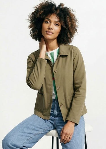 Veste boite en coton, avec col claudine Kaki