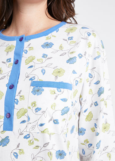 Chemise de nuit boutonnée coton imprimé mi longue Bleu