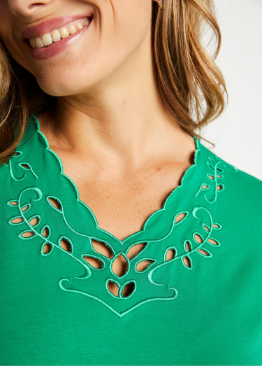 T-shirt col V ajouré brodé Vert