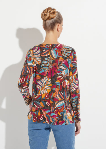 T-shirt col V manches longues imprimé Groseille/Bleu
