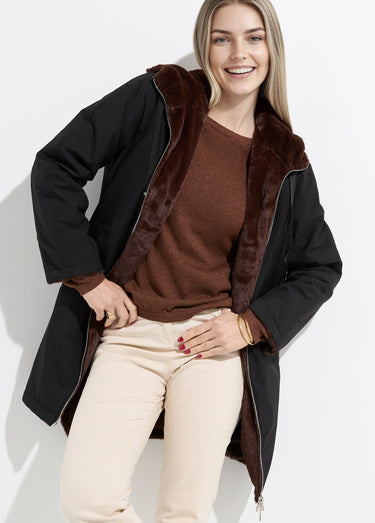 Parka réversible fourrure, avec capuche Noir