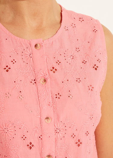 Débardeur boutonné broderie anglaise coton Rose bonbon