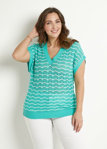 Pull sans manches col V ajouré bicolore Menthe/Ecru