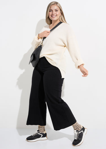 Pull tunique maille fantaisie, col V Ecru