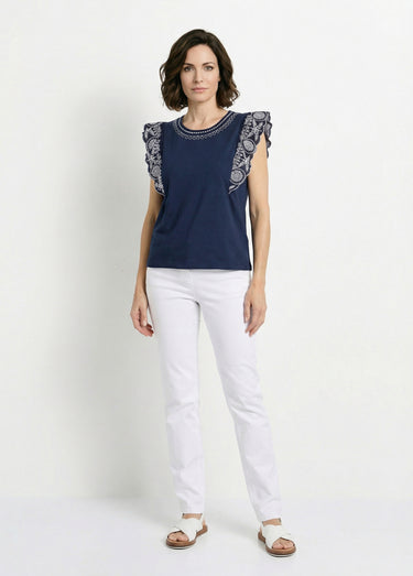 T-shirt brodé jersey et voile coton Marine / Blanc