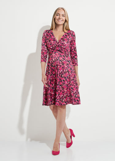 Robe courte cache-coeur maille fleurie Fuchsia/Noir