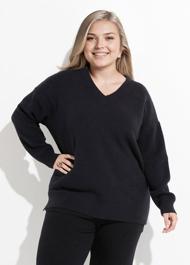 Pull tunique maille fantaisie, col V Noir