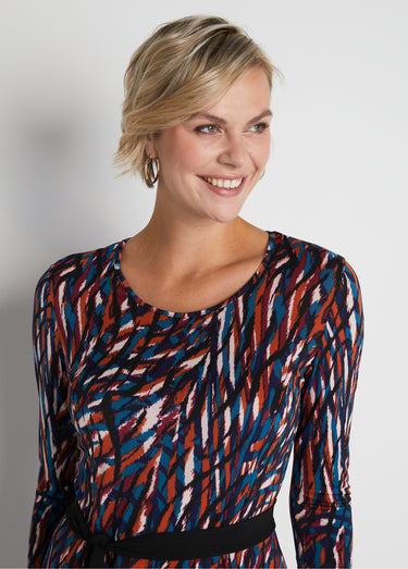 Robe courte ceinturée col rond en maille Imprime Canard