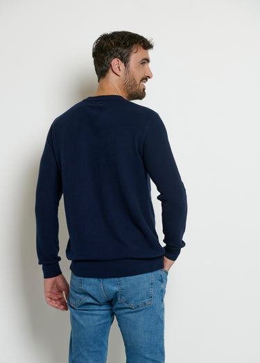Pull col rond maille piquée fantaisie Bleu Marine