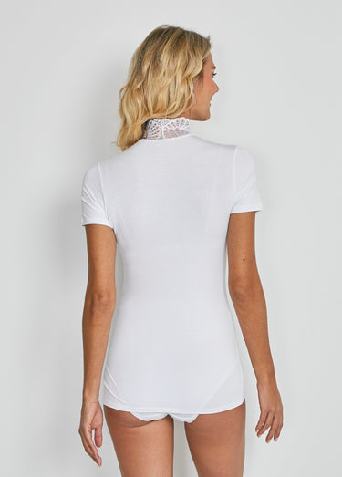 Maillot de corps col montant dentelle manches courtes Blanc