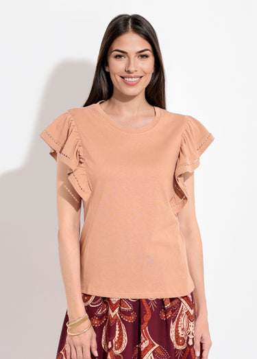 T-shirt manches courtes volantées ajourées Camel