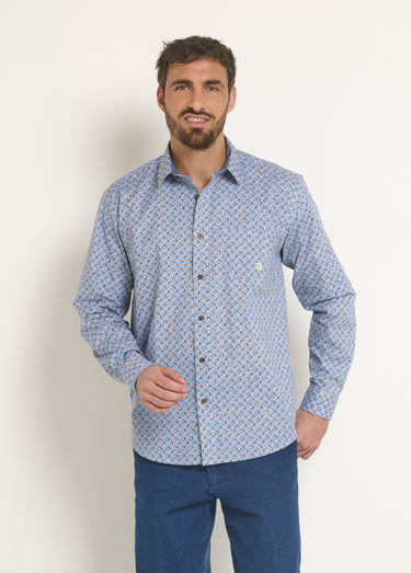 Chemise coton micro motif manches longues Bleu
