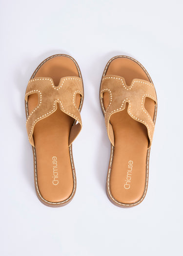Mules suédine forme H avec clous métal Beige