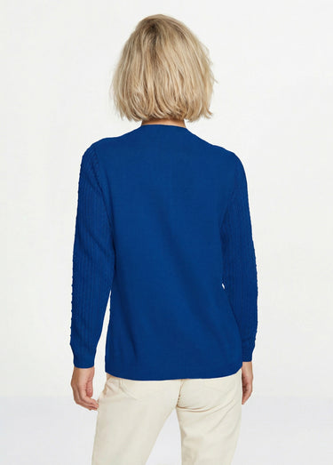 Pull col rond maille ajourée et boules Bleu