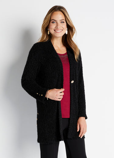 Gilet long ample col V maille scintillante reliefée Noir