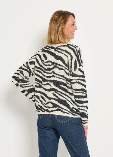 Pull col V maille mousseuse motif zèbre Noir / Blanc