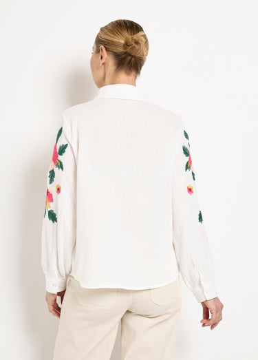 Chemisier gaze de coton broderies fleurs Blanc