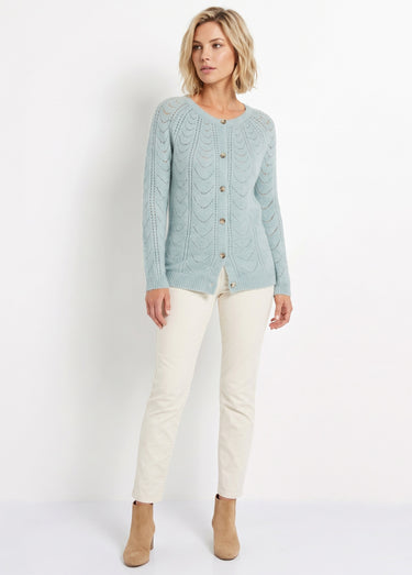 Gilet cardigan boutonné chiné ajouré col rond Aqua