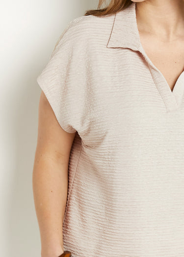 T-shirt col chemise uni manches courtes Sable