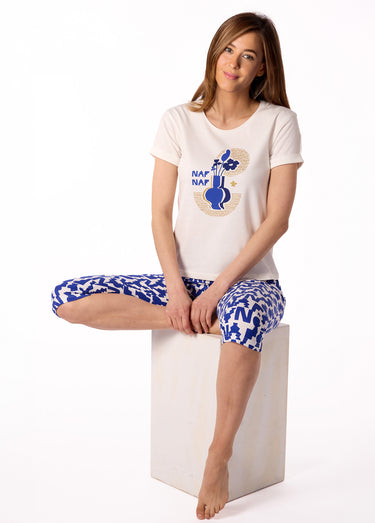 Pyjama court thème aztèque avec corsaire Blanc imprimé