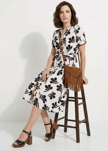 Robe-chemisier mi-longue ceinturée imprimée Blanc / Noir