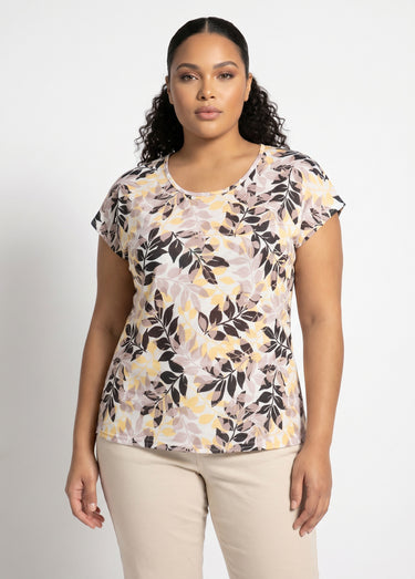 T-shirt manches courtes imprimé feuillage col rond Beige/Noir