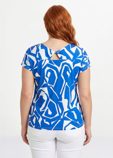 T-shirt droit court col V imprimé graphique Bleu / Blanc