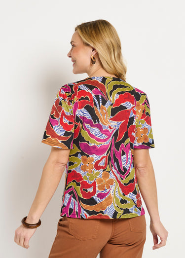 T-shirt ample court col V imprimé Noir/Parme