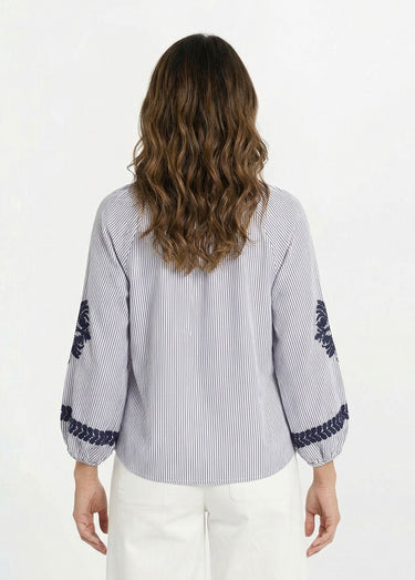 Blouse rayée avec broderies feuillages Bleu