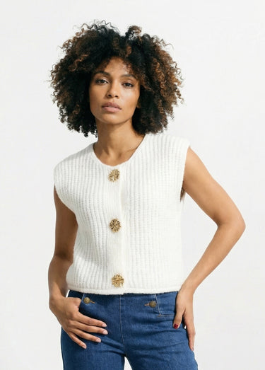 Gilet sans manches avec boutons bijoux Blanc