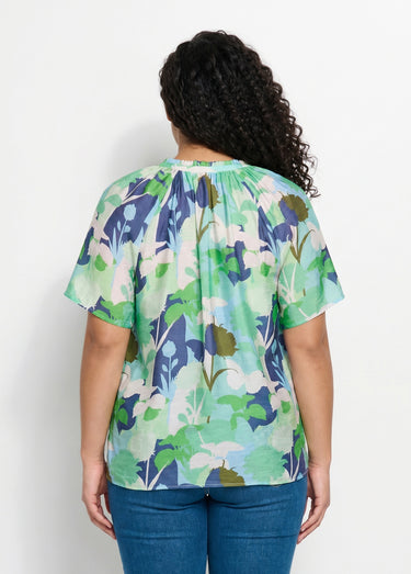 Tunique longue voile fleuri col V volanté Bleu/Vert