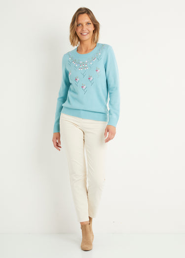 Pull doux uni brodé ajouré col rond Vert Onyx