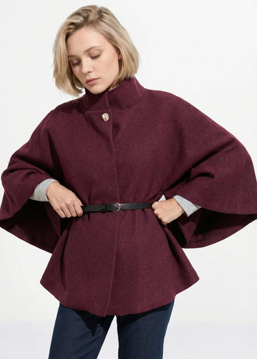 Manteau cape à ceinturer, col montant Bordeaux