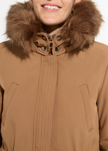 Parka chaude fourrure capuche amovible Camel