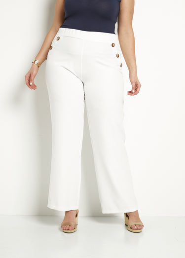 Pantalon large uni taille semi-élastiquée Blanc