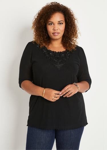 T-shirt long ample résille brodée Noir
