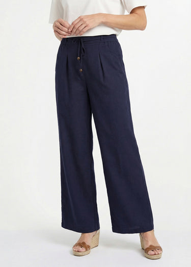 Pantalon large avec lin, style ethnique Marine