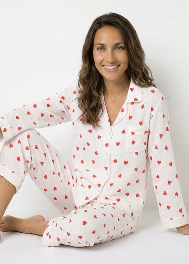 Pyjama 2 pièces gaze de coton et cœurs Blanc