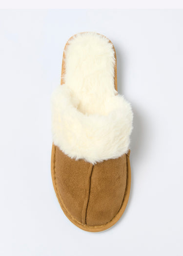 Chaussons fourrés bord fourrure et suédine Camel