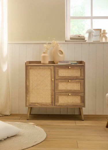 PALMO Commode cannage 3 tiroirs + porte Bois Clair