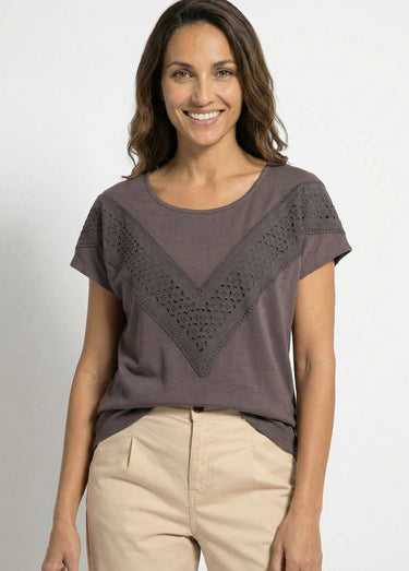 T-shirt dentelle coton manches kimono Chocolat